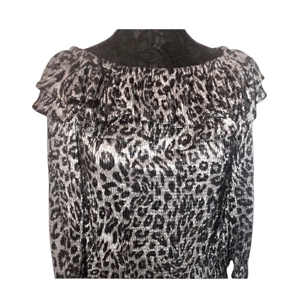 NWT MICHAEL KORS Animal Print Ruffle Off-Shoulder Long Sleeves Shinny Gray B…